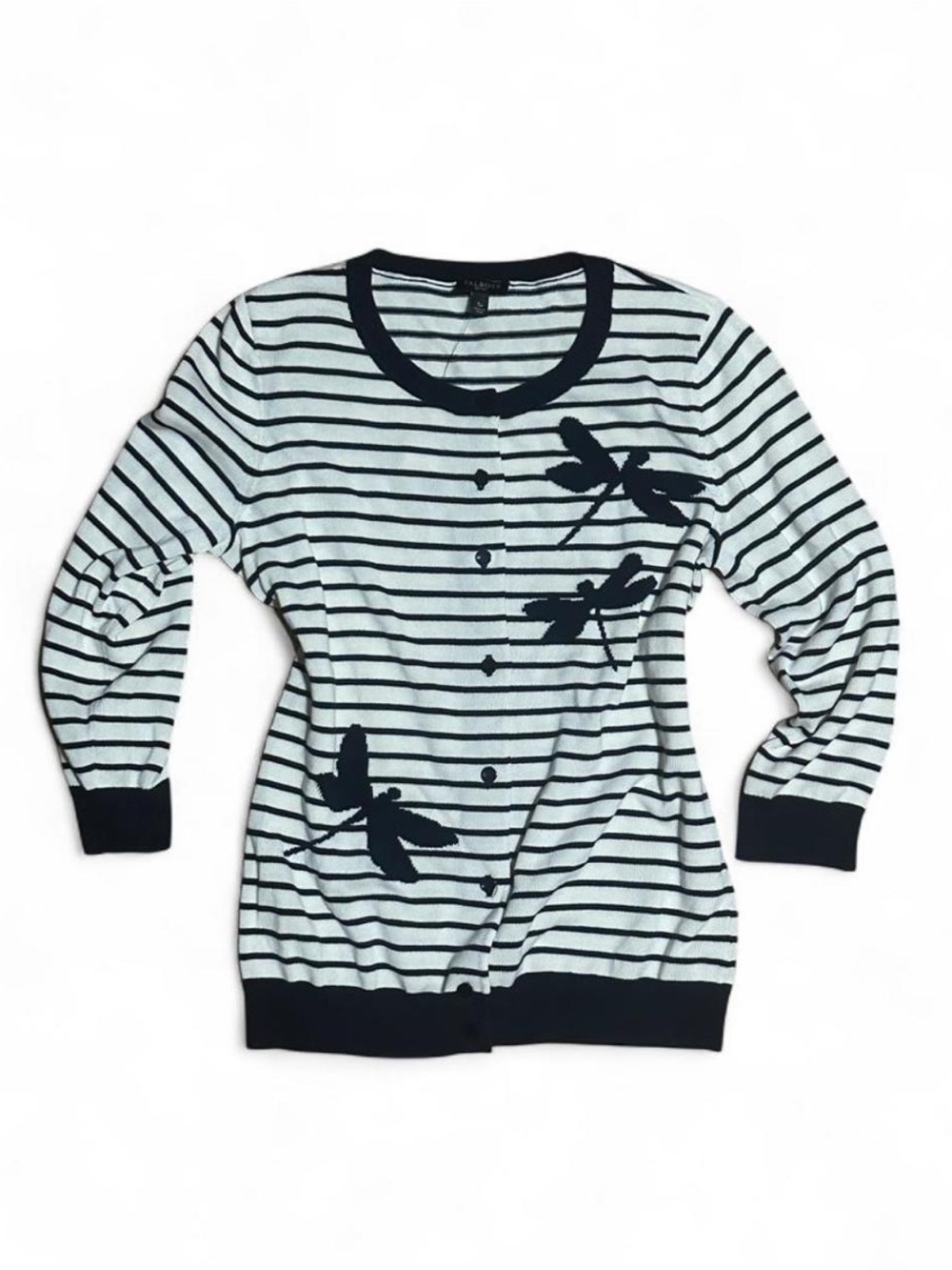 Talbots NWT Vintage Style Coastal Grandma Firefly Cardigan, Cream & Navy Stripe